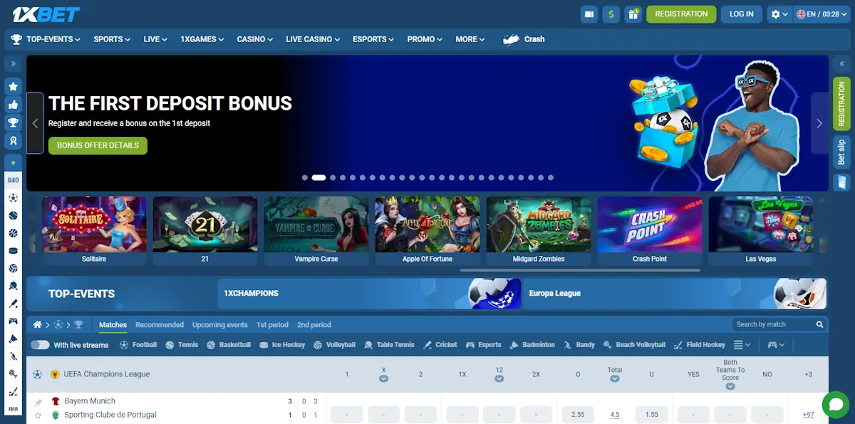 1xBet Sportsbook and Casino Homepage Screenshot